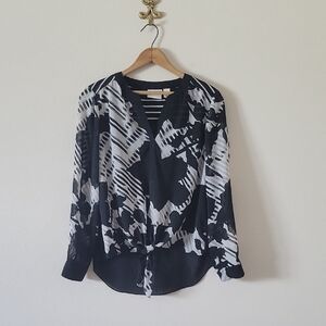 Chico's Black White Tie Front Popover Blouse Size Medium
